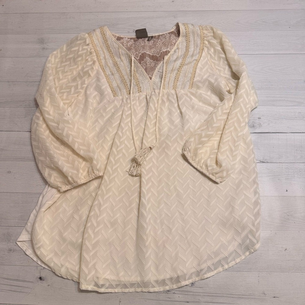 Anthropologie‎ One September Attylie 3/4 Sleeve Peasant Blouse Embroidered Ivory